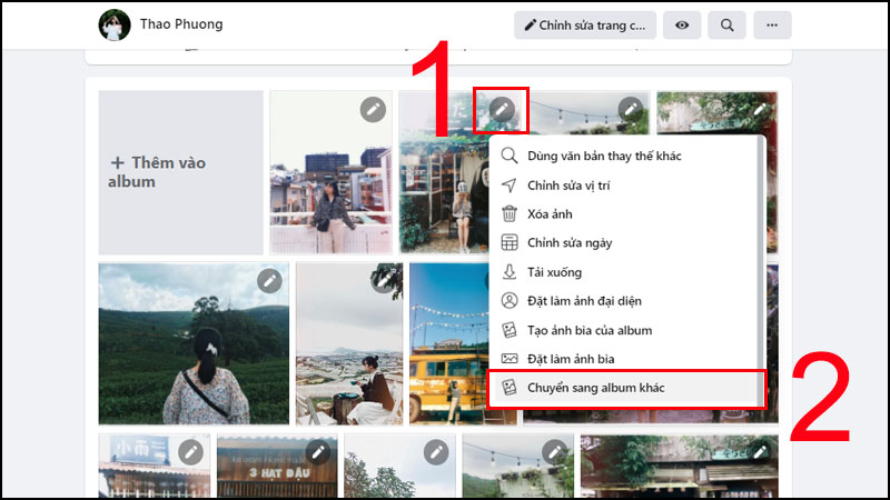 chọn biểu tượng c&acirc;y b&uacute;t tr&ecirc;n g&oacute;c b&ecirc;n phải của tấm ảnh > Chọn Chuyển sang album kh&aacute;c. 